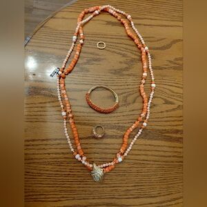 Kenneth Jay Lane Coral and Gold Necklace, Bracelet, Ring Set